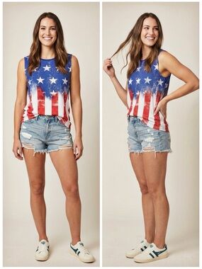 American Flag Stars & Stripes Distressed Muscle Tank Top Made in USA